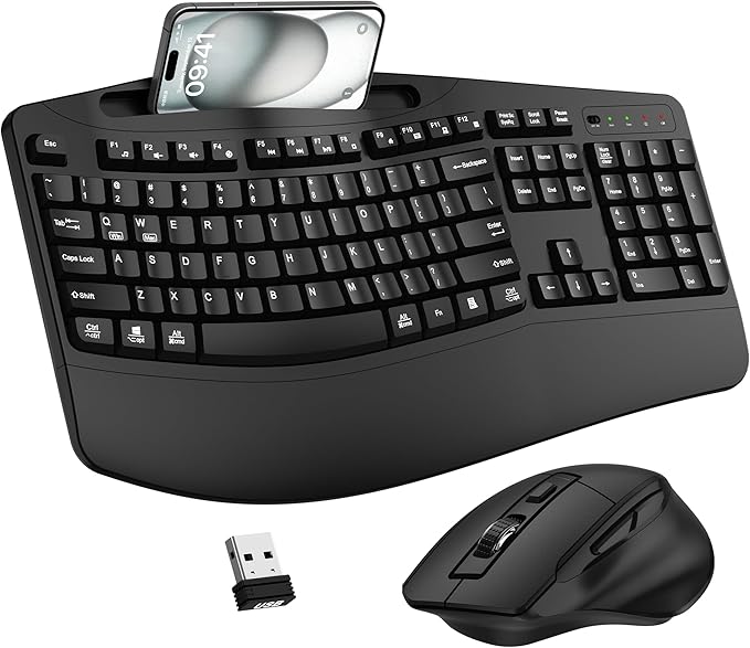 Wireless Keyboard and Mouse Combo, 2.4G Full Size Wave Keys Ergonomic Keyboard with Wrist Rest, Phone Holder, 3-Level DPI Adjustable Wireless Ergonomic Mouse for Windows, Mac Desktop/Laptop/PC(Black)