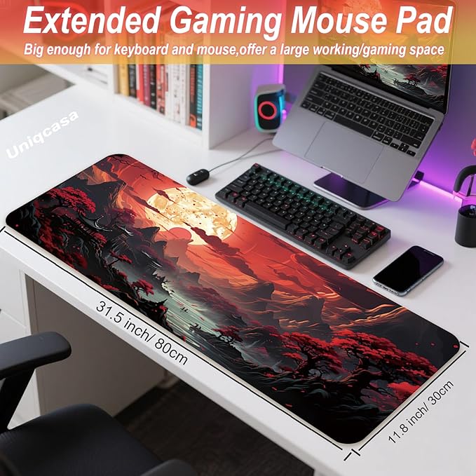 Gaming Mouse Pad 31.5x11.8 inch XL Large Extended Mouse Pad, Big Mousepad Desk Mat for Computer with Non-Slip Rubber Base and Stitched Edge-Red Moon