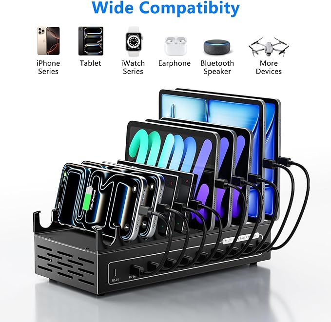 200W Charging Station for Multiple Devices, 10 Ports USB C Fast Charger Station, Desktop Multi-Port Fast Charger with Storage Dividers, Compatible with Cellphone, Kindle, Tablet, iPhone, iPad and More