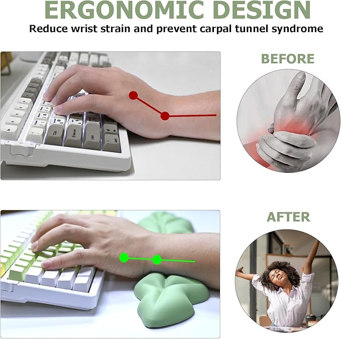 Ergonomic Keyboard Wrist Rest, Leaf Shape PU Leather Memory Foam Wrist Support for Computer Keyboard, Keyboard Pad and Cute Mouse Wrist Pad for Gaming,Office,Computer,Typing Pain Relief, Pastel Green
