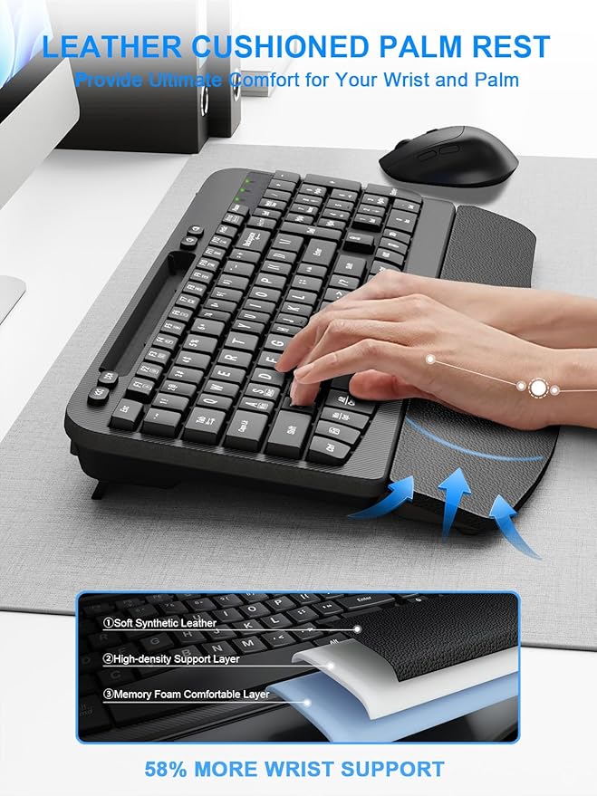 Wireless Keyboard and Mouse Combo, Wave Keys Computer Ergonomic Keyboard with Cushioned Plam Rest, Phone Holder, 2.4GHz Silent 6 Button Wireless Mouse Set for Laptop, PC, Windows, Mac (Black)