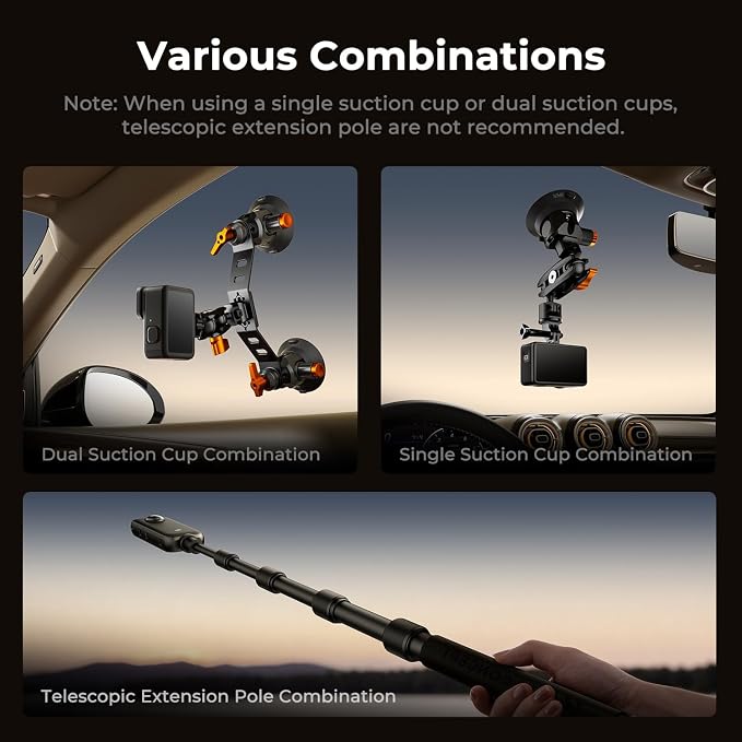 K&F CONCEPT Triple Suction Cup Car Mount for Camera, Heavy Duty 3-in-1 Kit with 15° Curved Surface Adjustment, Extension Pole & Phone Holder, Compatible with Insta360 X5/X4 GoPro DJI Action 5/4/3/2 - Image 6