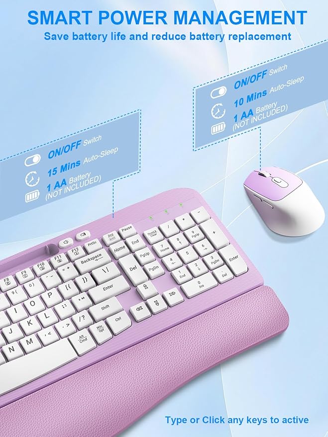 Wireless Keyboard and Mouse Combo, Wave Keys Computer Ergonomic Keyboard with Cushioned Plam Rest, Phone Holder, 2.4GHz Silent 6 Button Wireless Mouse Set for Laptop, PC, Windows, Mac (Purple)