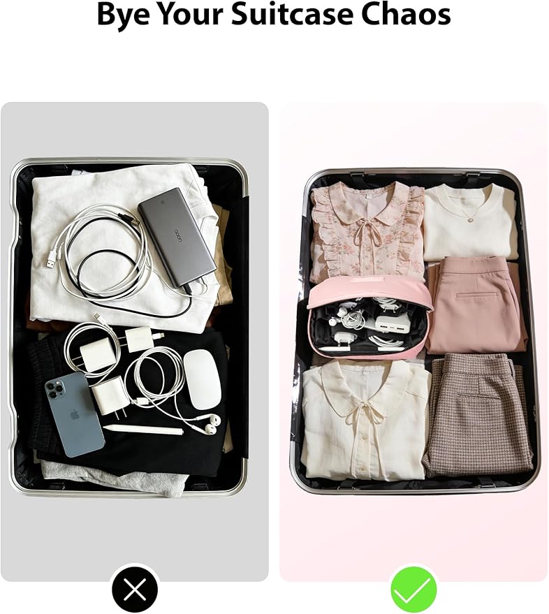 iMangoo Tech Organizer Travel Case 150° Open Large Storage Pouch Purse for Women Zipper Waterproof Bag Power Bank Portable Charger Cable Cord Electronics Accessories Trip Travel Essentials Bags Pink