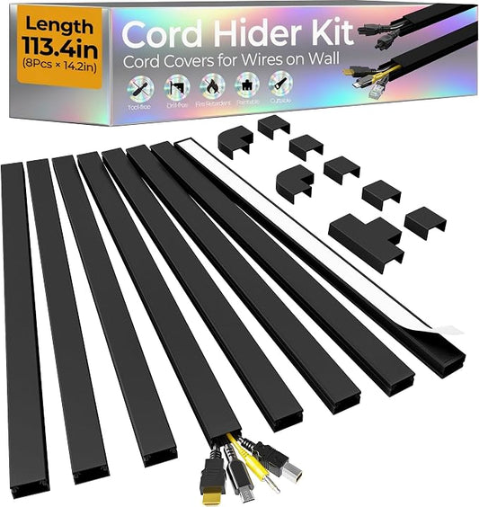 113.4in Cord Hider Kit, Cord Covers for 2-4 Wires on Wall, Self-Adhesive Cable Hider Wire Covers for Cords on Wall, Easy Set-up Cord Hider for Walls Mount Tv, Cable Cover Raceway, W0.95 H0.55in, Black by Wuitaouy