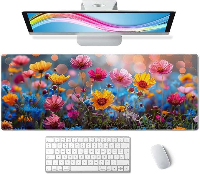 Floral Desk Mat Pink Yellow Blue Aesthetic Desk Pad Flower Plant Extended Mouse Pad Large Gaming Mousepad XL Laptop Computer Mouse Keyboard Mat 31.5 x 11.8 in for Office Desk Decor