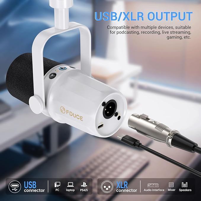 FDUCE SL40 Dynamic Microphone for Podcasting, Gaming, Live Streaming and Recording, Built-in Headphone Output, LED Mute Button, All-Metal USB/XLR, Voice Isolation Technology (White)
