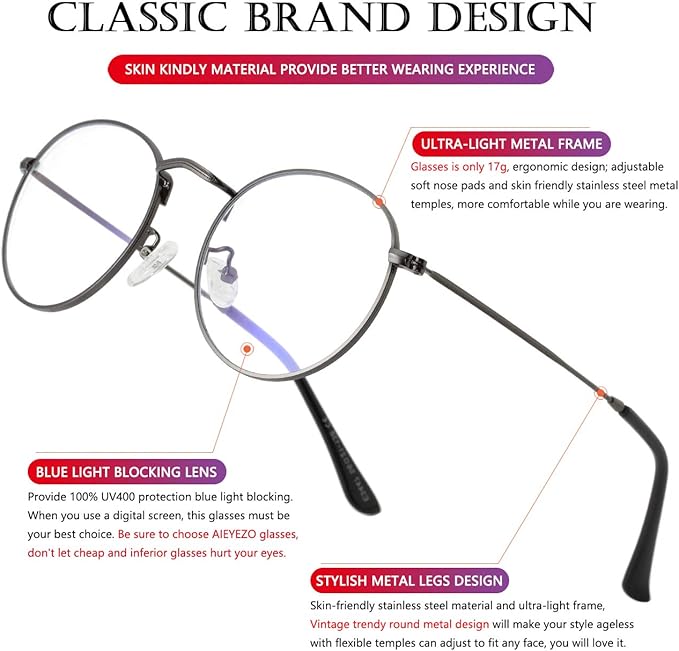 AIEYEZO Blue Light Glasses for Women Men Fashion Retro Circle Wire Frames Eyeglasses Anti-Blue Light Computer Gaming Glasses
