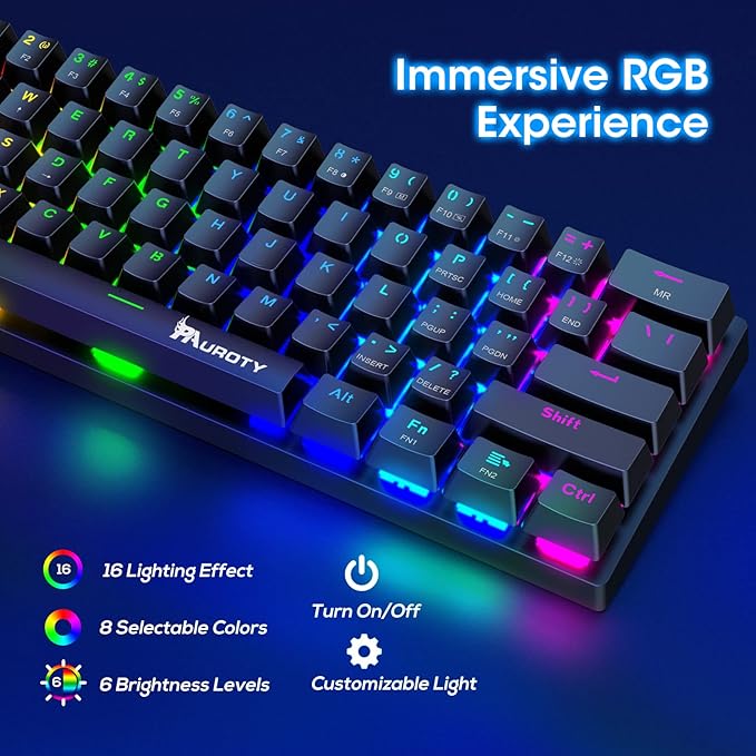 Pauroty 60% Wireless Mechanical Keyboard, Triple Mode 2.4G/USB-C/Bluetooth Gaming Keyboard, RGB Backlit, Clicky Blue Switch, 61 Keys Rechargeable Mini Wireless Keyboard for iPad Mac PC Xbox