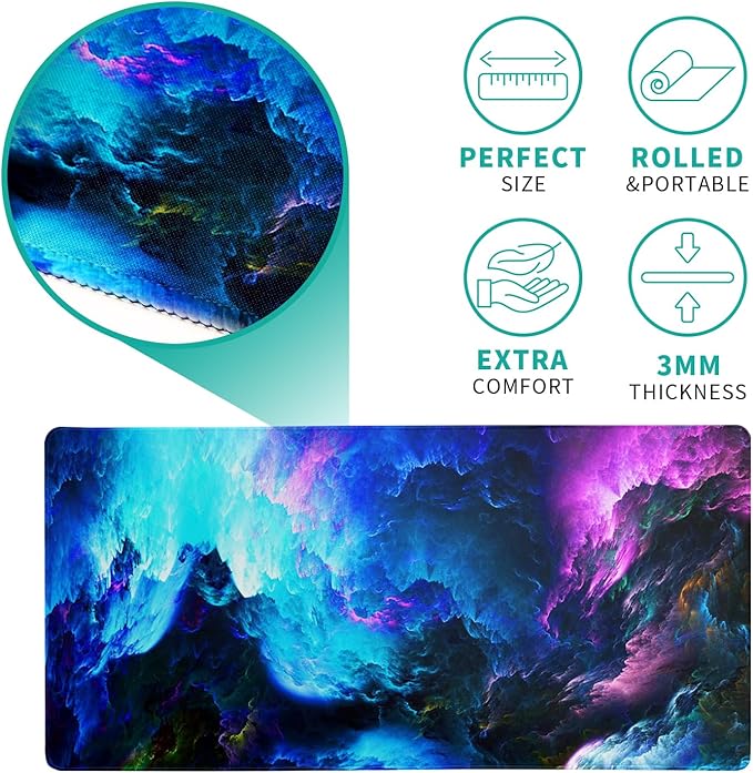 Dazzling Galaxy Gaming Mouse Pad 27.6x11.8 Inch Blue Purple Galaxy Nebula Universe Space Large Mousepad Non-Slip Rubber Base Stitched Edges Keyboard Mouse Mat Desk Pad for Office Home and Game