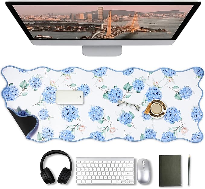 1 Pcs Blue Scalloped Hydrangea Desk Mat 31.5 x 11.8 Inch Large Cute Mouse Pad Computer Mat Non Slip Waterproof Rubber Base with Border Stitching Soft Keyboard Pad for Home Office Gaming Makeup