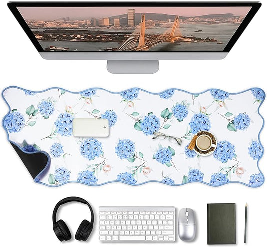 1 Pcs Blue Scalloped Hydrangea Desk Mat 31.5 x 11.8 Inch Large Cute Mouse Pad Computer Mat Non Slip Waterproof Rubber Base with Border Stitching Soft Keyboard Pad for Home Office Gaming Makeup