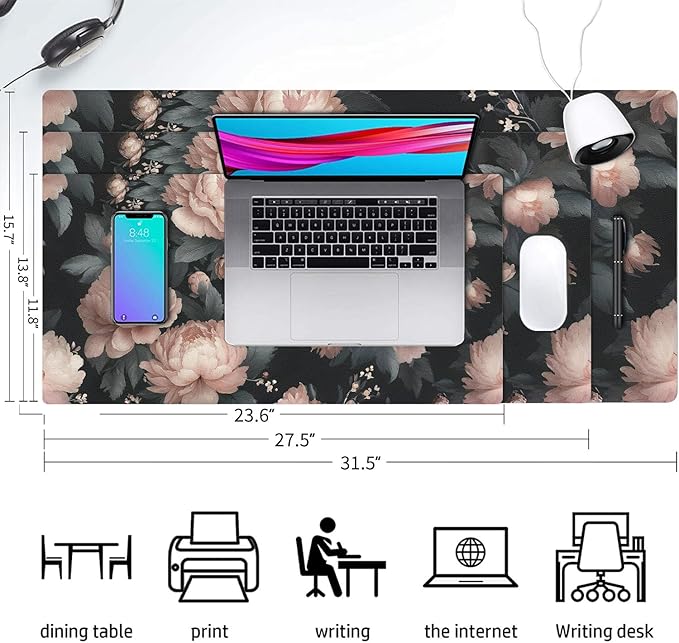 Large Mouse Pad, Black Flowers Desk Mat for Desktop, Women Girls Flowers PU Leather Waterproof Desk Pad, Computer PC Laptop Protector Gaming Mouse Pads for School Office Home 27.5" x 13.8"
