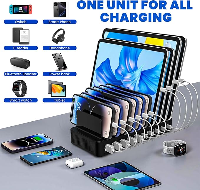 Charging Station for Multiple Devices,100W 10-Port Multi USB Charger with Power Switch,Adjustable Dividers and Type-C 3A for iPhone Galaxy iPad Tablet(Short Cables Not Included)