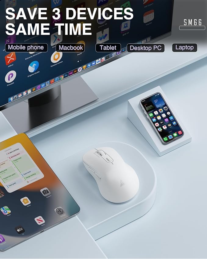 SOLAKAKA SM66 White Silent Wireless Mouse, Dual Mode(BT/2.4G) Computer Mouse for Laptop/PC/Mac