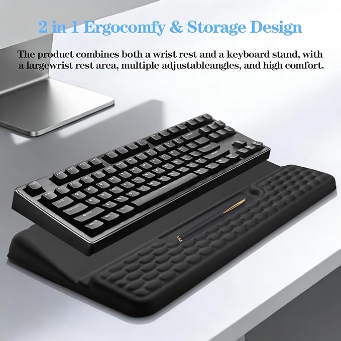 Ergonomic Keyboard Stand with Wrist Rest, Computer Wrist Support Pad, Tilted Keyboard Riser Holder Lift Tray with Wrist Pad, Easy Typing, Comfy Soft Memory Foam Desk Cushion for Office (03- Black)