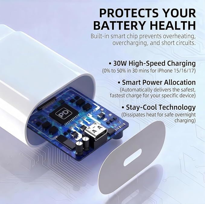 TT&C 30W USB-C Super Fast Charger with 10ft Type C Cable, PD Wall Block Compatible with iPhone 17/16/15 Pro Max/Air, iPad Pro, and Galaxy S25/S24-1 Pack