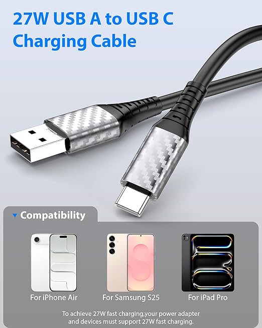 30ft Long USB C Cable to USB A 10W 12W 18W 20W Heavy-Duty Power Extension Cord USBA to USBC Charging for Samsung/Galaxy Note 20 Ultra for Tapo/TP-Link/Xiaomi/Mi/eufy Security CCTV Camera Black