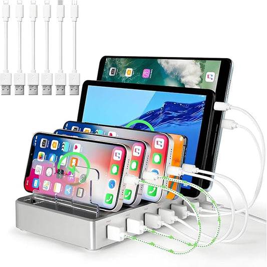 6-Port USB Charging Station with 6 Included Cables, Fast Charging Hub for iPhone Android Cell Phone, Tablet, Smartwatch - Multi Port Desktop Organizer (Silver)