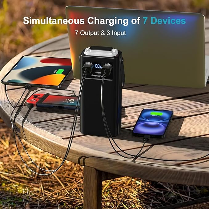 Power Bank 52800mAh PD 35W High Capacity Battery Pack with Built-in 4 Cables & LED Flashlight - 8 Port Portable Charger for Travel, Outdoor, and Multiple Device Charging
