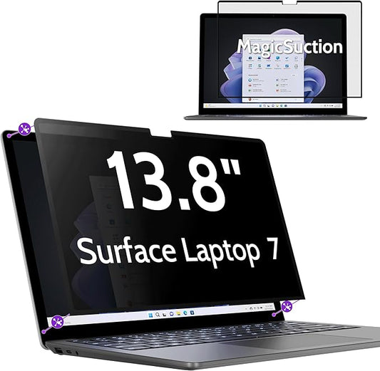 Peslv Privacy Screen for 13.8 Inch Surface Laptop 7, MagicSuction™ Removable Anti Spy Black Protector, Glare Blue Light Filter for Microsoft Laptop Computer Monitor