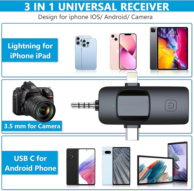 RICCHI 3 in 1 Wireless Lavalier Microphone for iPhone/Android Phone/Camera, USB C & Lightning Mini Microphone, Type C Microphone Clip on Lapel Mic for Video Recording, Interview, TikTok, Vlog