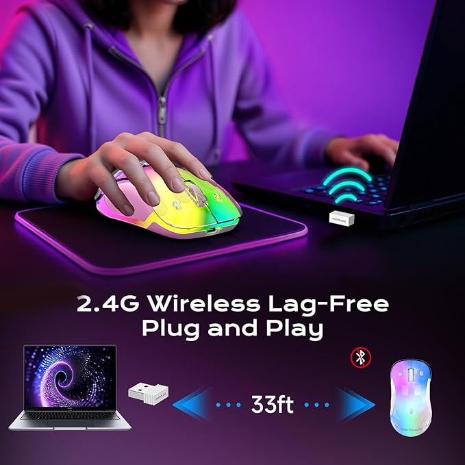 memzuoix 2.4G LED Wireless Mouse, Rechargeable Ergonomic Mouse with Detachable Cover, 1400 DPI Portable Optical Computer Mouse with USB Receiver for Laptop, PC, Desktop and MacBook, 5 Buttons-Purple