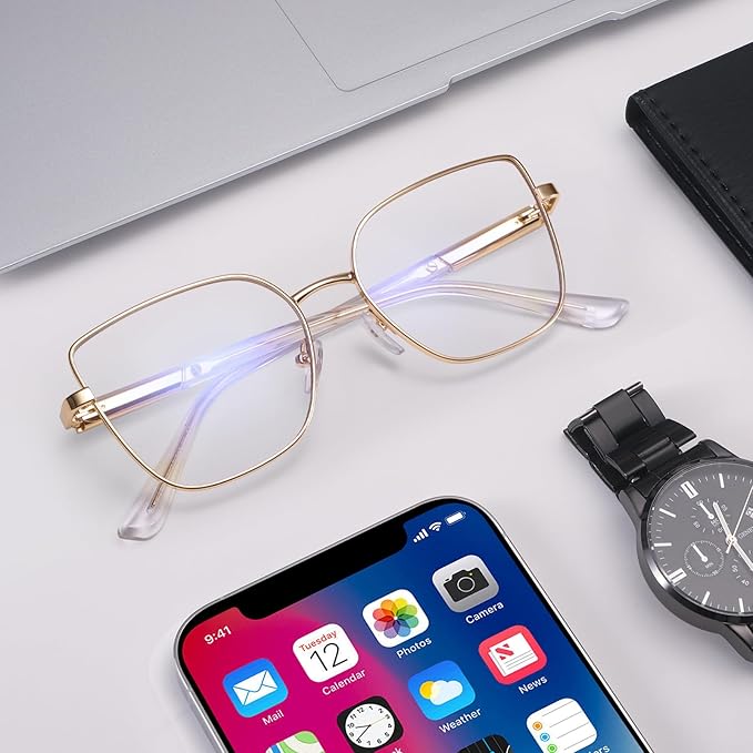 Dollger Square Blue Light Blocking Glasses for Women Trendy Oversized Computer Gaming Eyeglasses Cat Eye Metal Frame bluelight glasses Gold