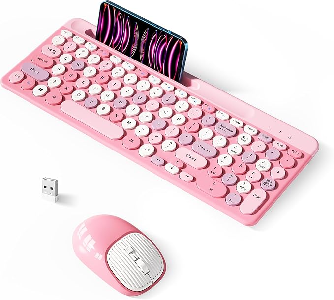 Retro Wireless Keyboard with Round Keycaps, 2.4GHz Full-Size USB Cute Wireless Keyboard Mouse for Computer, Desktop, Laptop and Computer (Pink-Colorful)