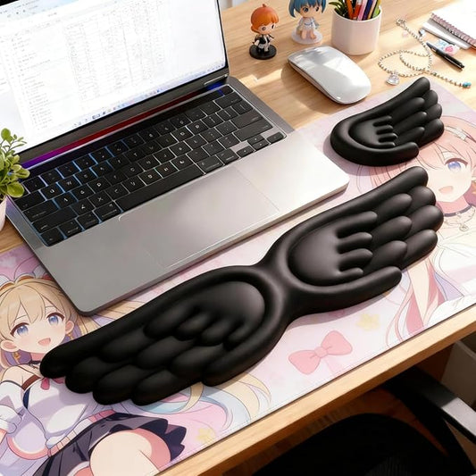 Angel Wing Wrist Rest Ergonomic Memory Foam Wrist Rest for Computer Keyboard Mouse Set, Cute Gaming Keyboard Cushion Hand Support PU Leather Surface Anti-Slip Waterproof Dirt Resistant