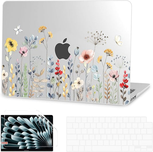 G JGOO Compatible with MacBook Air 13 inch Case 2026 2025-2022 M5 A3449 M4 A3240 M3 A3113 M2 A2681, Clear Hard Shell for MacBook Air 13.6 inch Case + Keyboard Cover + Screen Protector, Garden Flower