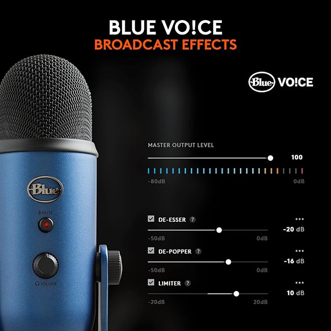 Logitech Creators Blue Yeti USB Microphone for PC, Mac, Gaming, Streaming, Podcasting, Studio and Computer Condenser Mic with Blue VO!CE Effects, 4 Pickup Patterns, Plug and Play - Midnight Blue