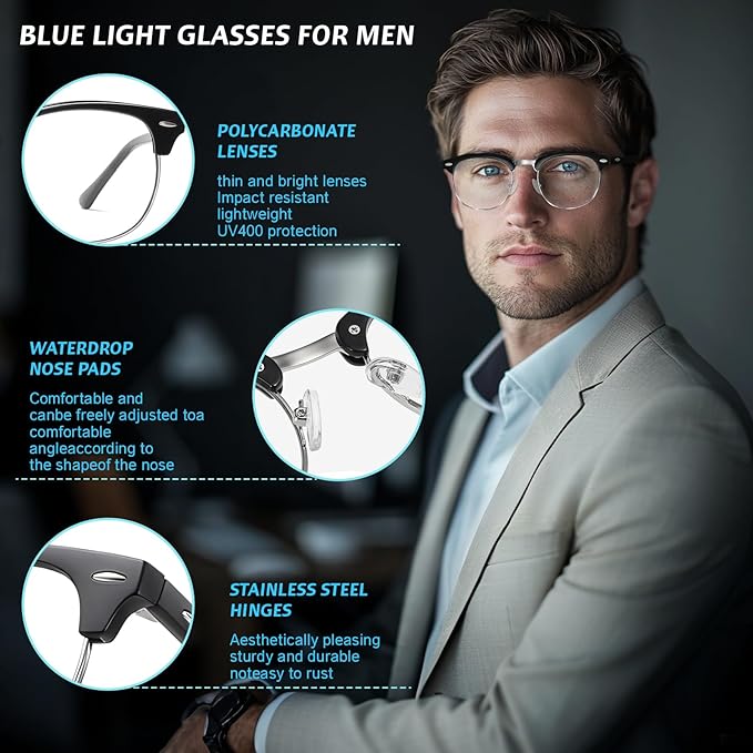 Blue Light Glasses Men and Woman, 99% Blue Light Blocking Glasses for Computer Gaming TV Phone Screen Half Frame