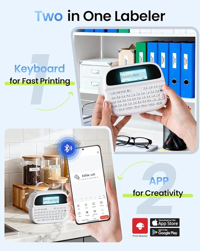 Label Maker Machine with-Tape, Rechargeable Label Maker Waterproof-Labels, Bluetooth Portable Labeler Handheld, Backlit & QWERTY Keyboard, M950 for Home Kitchen Office Classroom Kids Teachers Gifts