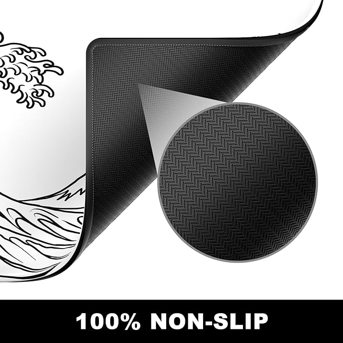 BOSOBO Large Desk Mat, XXL Gaming Mouse Pad, Office & Home Full Cover 35.5 x 15.7 Inches, Art Kanagawa Surfing White