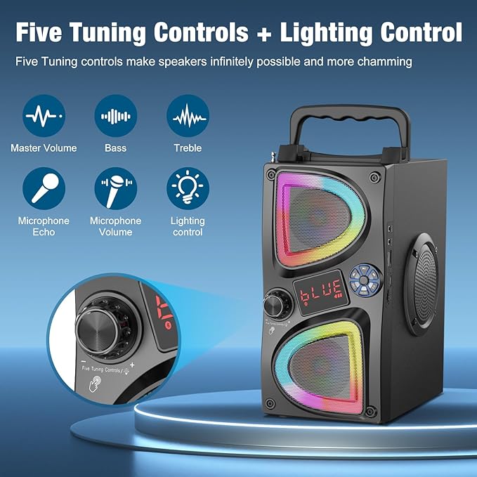 Bluetooth Speaker, 60W(Peak) Wireless Portable Small Home Party Speakers with Double Subwoofer Deep Bass, Radio, Lights, 80dB Loud Stereo Sound Boombox for Outdoor Camping Gifts