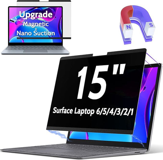 Peslv Magnetic Privacy Screen Surface Laptop 6/5/4/3/2/1 15 Inch, Removable Anti Blue Light Glare Filter, Black Security Private Apy Block Protector