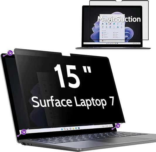 Peslv Privacy Screen for 15 Inch Surface Laptop 7, MagicSuction™ Removable Anti Spy Black Protector, Glare Blue Light Filter for Microsoft Laptop Computer Monitor