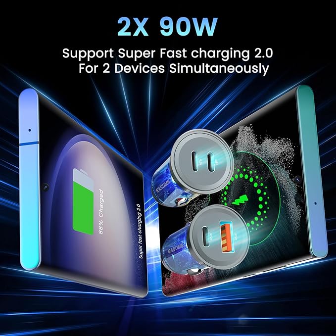 2-Pack 90W USB C Super Fast Car Charger, Dual-Port [PD/PPS 45W & QC 45W] Car Cigarette Lighter USB Charger Adaper for Samsung Galaxy S25 Ultra/S25+/S24 Ultra/S23+/S22,Note 20/10+,Tab S9/S8, iPhone 15…