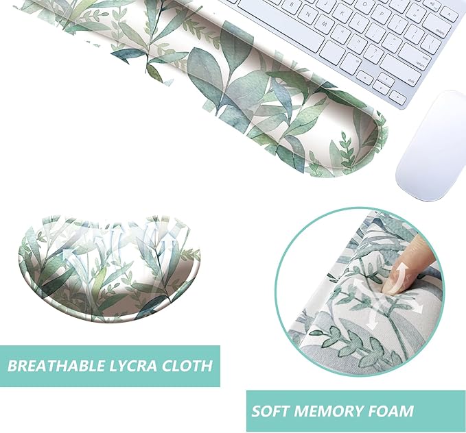 Keyboard Wrist Rest Mouse Wrist Support Set, Memory Foam Wrist Rest Pad for Computer Laptop Keyboard Mouse, Ergonomic Wrist Cushion Support for Typing Pain Relief, Gaming Home Office, Green Leaves