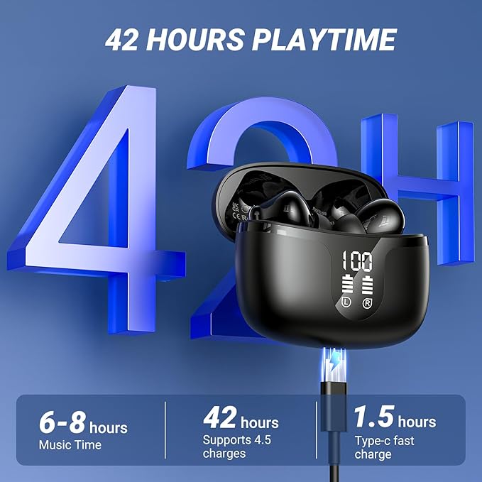 Wireless Earbuds Bluetooth 5.4 Headphones HiFi Stereo 42H Playback in Ear with 4 ENC Noise Cancelling Mic, IPX7 waterproof and LED battery display screen for Running Fitness Office Ear Buds in Black