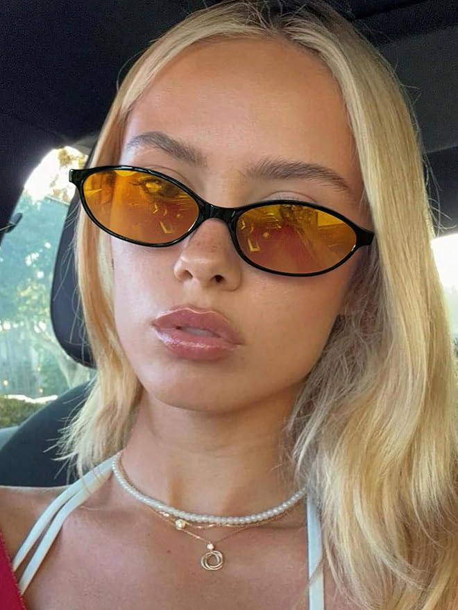GUVIVI Retro Oval Sunglasses for Women Chic Cat Eye 90s Sunnies Lightweight Narrow Shades Trendy UV protection Sun Glasses