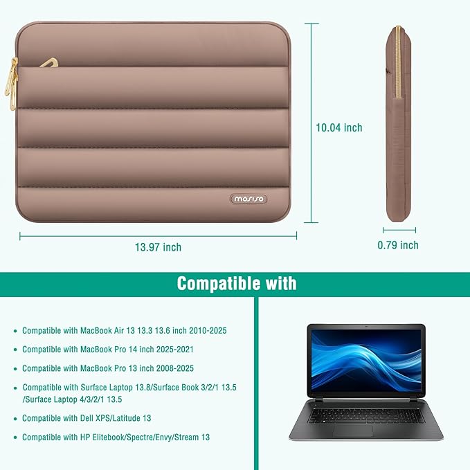 MOSISO Laptop Case 13.3 inch,13-13.3 inch Puffy Laptop Sleeve Compatible with MacBook Air 13.6 M5 M4 M3 M2 M1/Neo/Pro 13/14,HP Dell ASUS Lenovo,Polyester Horizontal Bag with Small Case, Brown | 13.3 inch, Polyester, Horizontal Bag, with Small Case, Brown