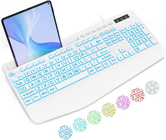 SABLUTE K21Pro Large Print Backlit Computer Keyboards, Wired Lighted USB Keyboards with 7-Color Backlit, Wrist Rest, Phone Holder, Easy to Read and Type for Laptop, PC, Windows, Desktop (White)