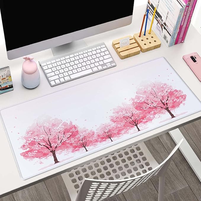 Cherry Blossom Tree Gaming Mouse Pad, Extended Large Mouse Mat Desk Pad, Big Computer Keyboard Desk Pad, Stitched Edges Mousepad, 3mm Thick Long Non-Slip Rubber Base Mice Pad, 31.5 X 11.8 Inch