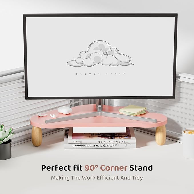AFOOYO Monitor Stand Riser,Cloud-Shaped Sturdy Wood 16.5In Computer Monitor Riser Wirh Drawer, Multi-Purpose Desktop Organizer Riser for Computer,Laptop,Printer,TV,Pink