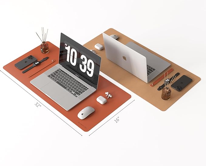 RENMTURE Dual-Sided Large Desk Pad, Faux Leather Natural Cork Mouse pad, Desk Accessories Protector, for Office and Home Work (Orange, 32"x16")