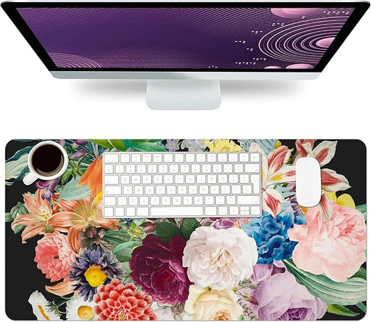Desk Mat Large Protector Pad 31.5" ×15.7", Non-Slip PU Leather Desk Blotter, Waterproof Mouse Pad for Office Home Bouquet