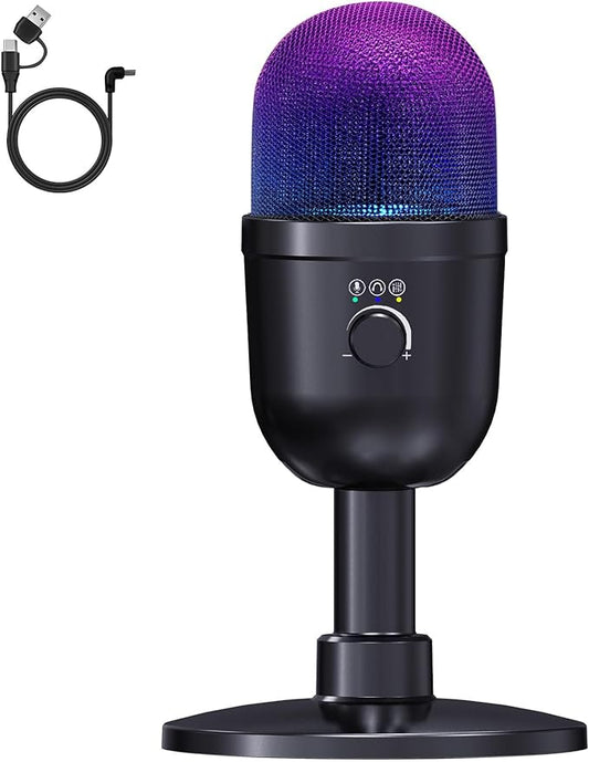 USB Gaming Condenser Microphone for PC/Desktop,192kHz/24Bit,Noise Cancellation,Monitoring,Quick Mute & RGB Lighting,USB PC Mic for Laptop,Podcast,Streaming,Recording Black