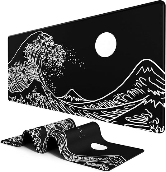 BOSOBO Large Mouse Pad, XXL XL Extended Gaming Desk Mat for Office & Home, Long Keyboard Mat, Desktop Full Cover 35.5 x 15.7 Inches, Art Japan Kanagawa Wave Black